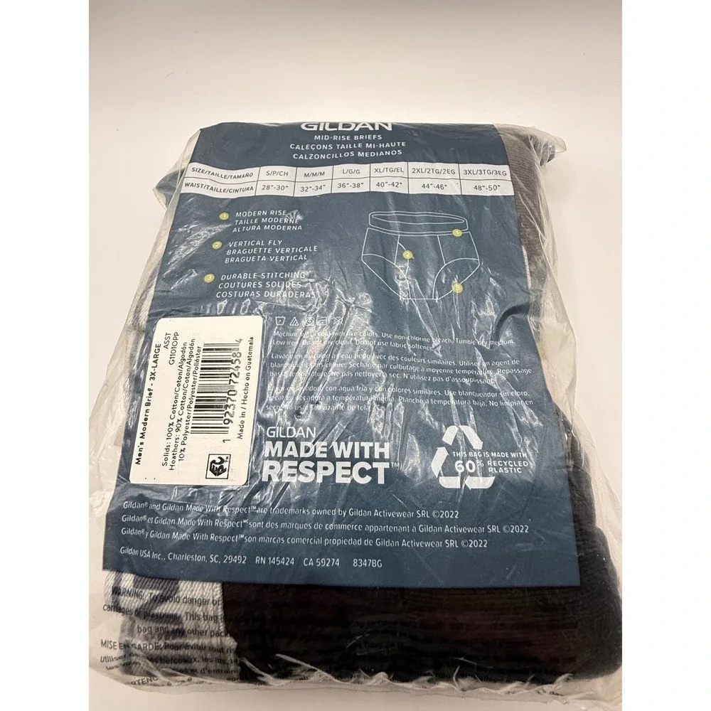 Gildan Mens Cotton Mid-Rise Briefs 3 Pack 3XL 48-50 Black Grey White G1101OPP